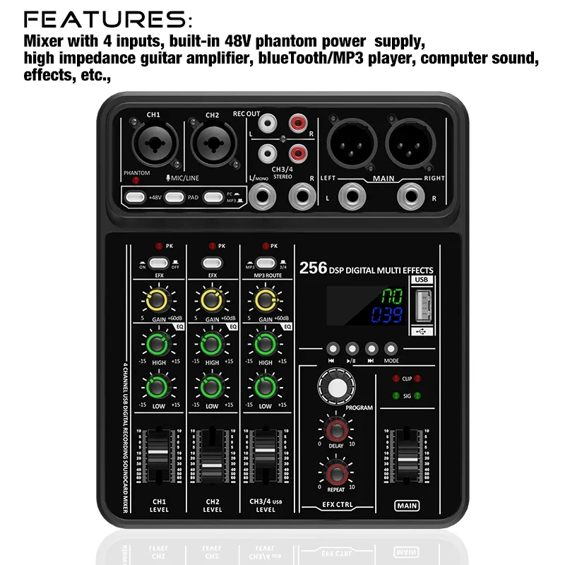 Audio Mixer 4 Channel - 블루투스 USB 레코딩 컴퓨터용 오디오 인터페이스