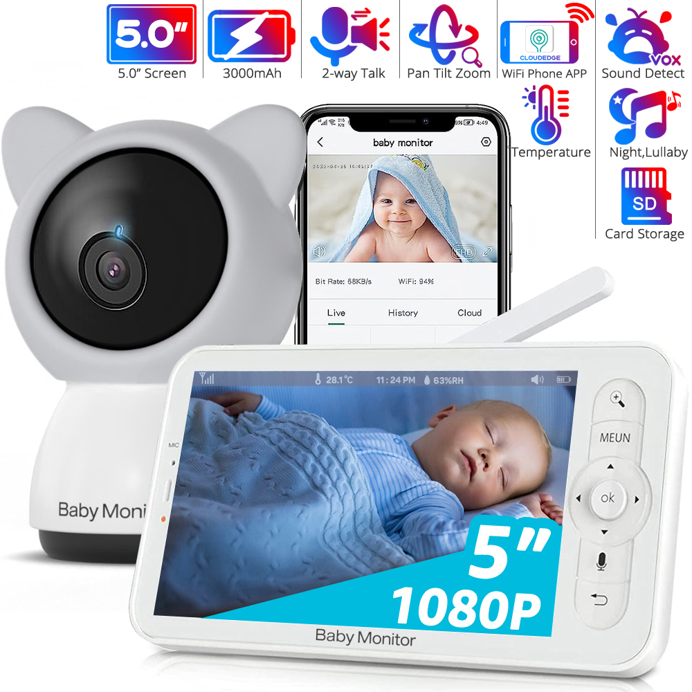 Audio Detect Music - WiFi 베이비 모니터, 5인치 720P 디스플레이,